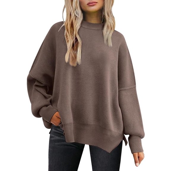 Cozy Oversized Sweater for Women Side Slit Knit Pullover Crewneck Top for Fall Winter Outfits XS-XXL