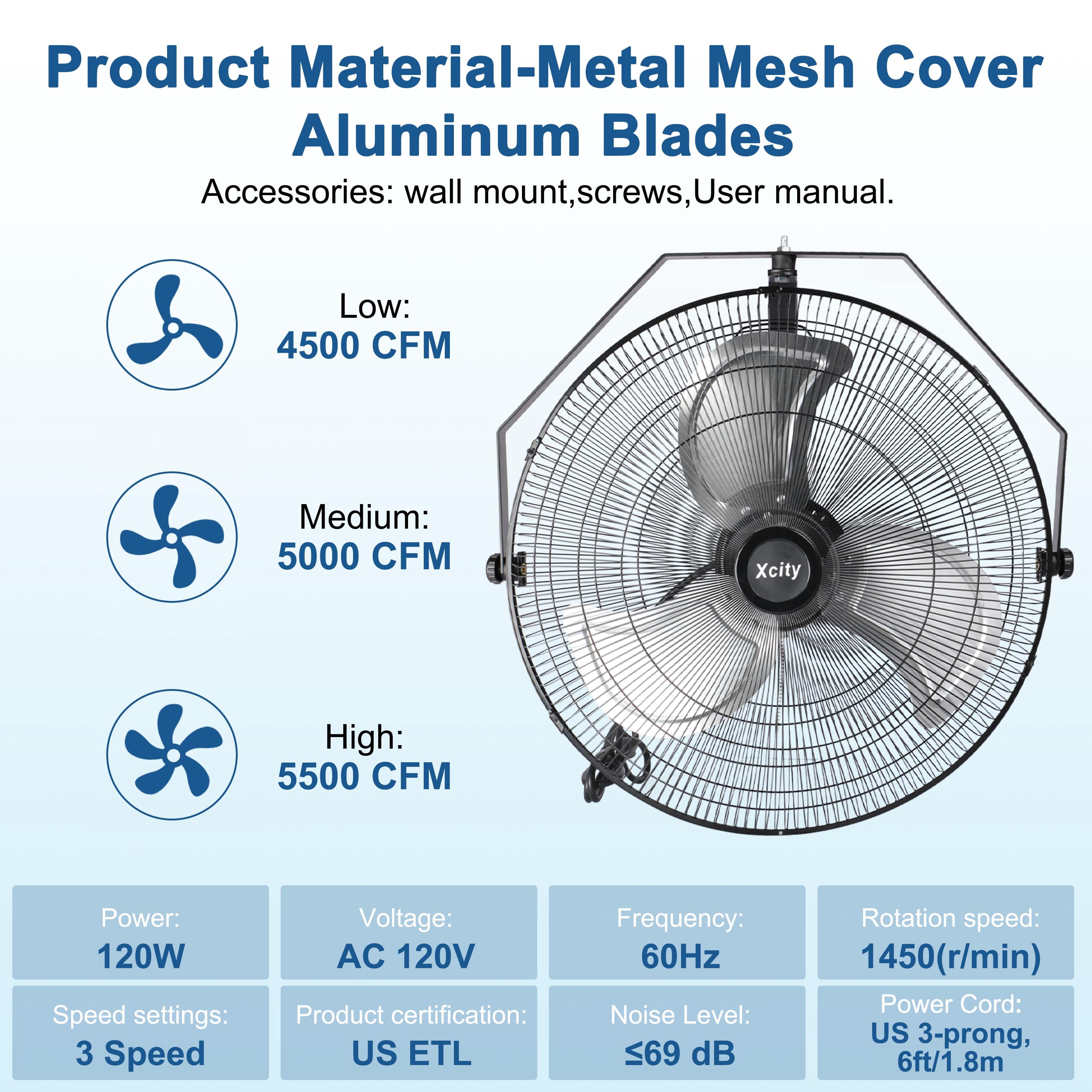 avobird 20-Inch Metal Wall-Mounted Fan (with Tripod Stand) — 3-Speed Settings, Supports 360° Tilt Adjustment Powerful Airflow Up to 3400 CFM — High-Velocity Industrial Fan for Homes,Workshops