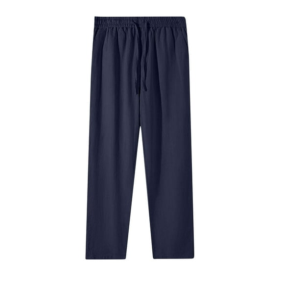 Nfurl Women Linen Pants Drawstring Elastic Waist Trousers Pants with Pockets Petite Straight Leg Casual Pant Summer Beach Vacation Pants Navy XXXXL