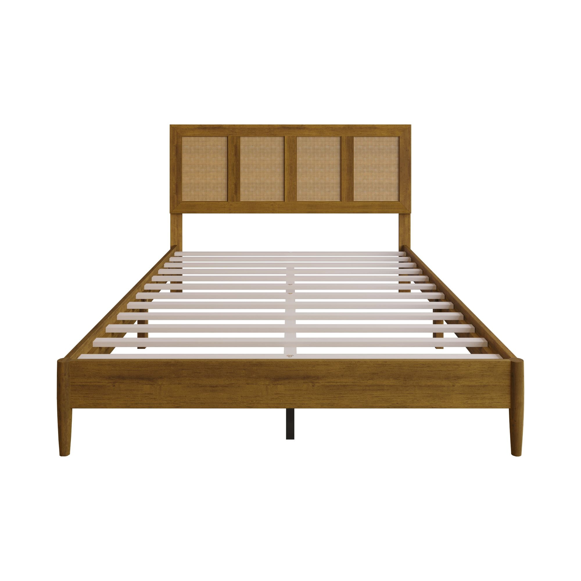 Home Design Skokie Queen Platform Bed Frame with Rattan-Embellished Headboard and Full Slat System, Brown, Easy Assembly