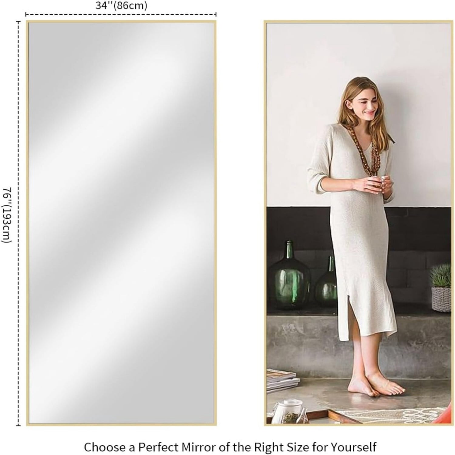 Anyrose 76" x 34" Full Length Mirror with Aluminum Alloy Frame, Gold