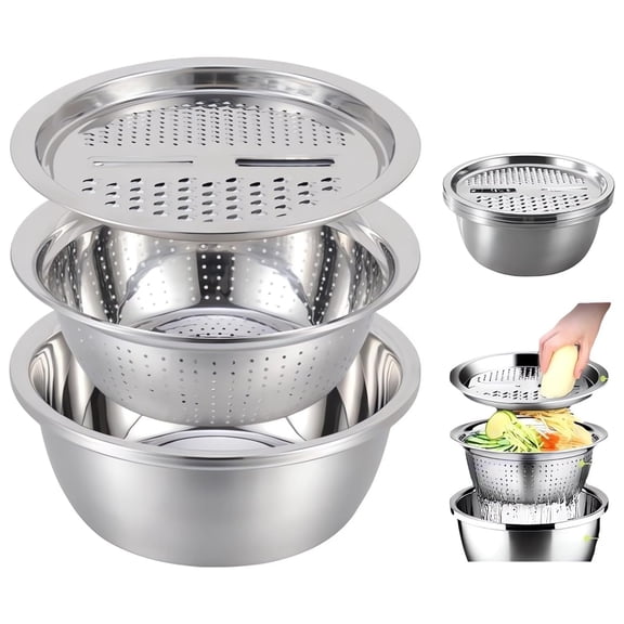 Bxaolu Germany Multifunctional Stainless Steel Basin - 2026 Colander Strainer Set, Salad Spinner Fruit Vegetable Rice Washing Strainer Basket Bowl, Rice Rinser Food Graters with Container (9.45")