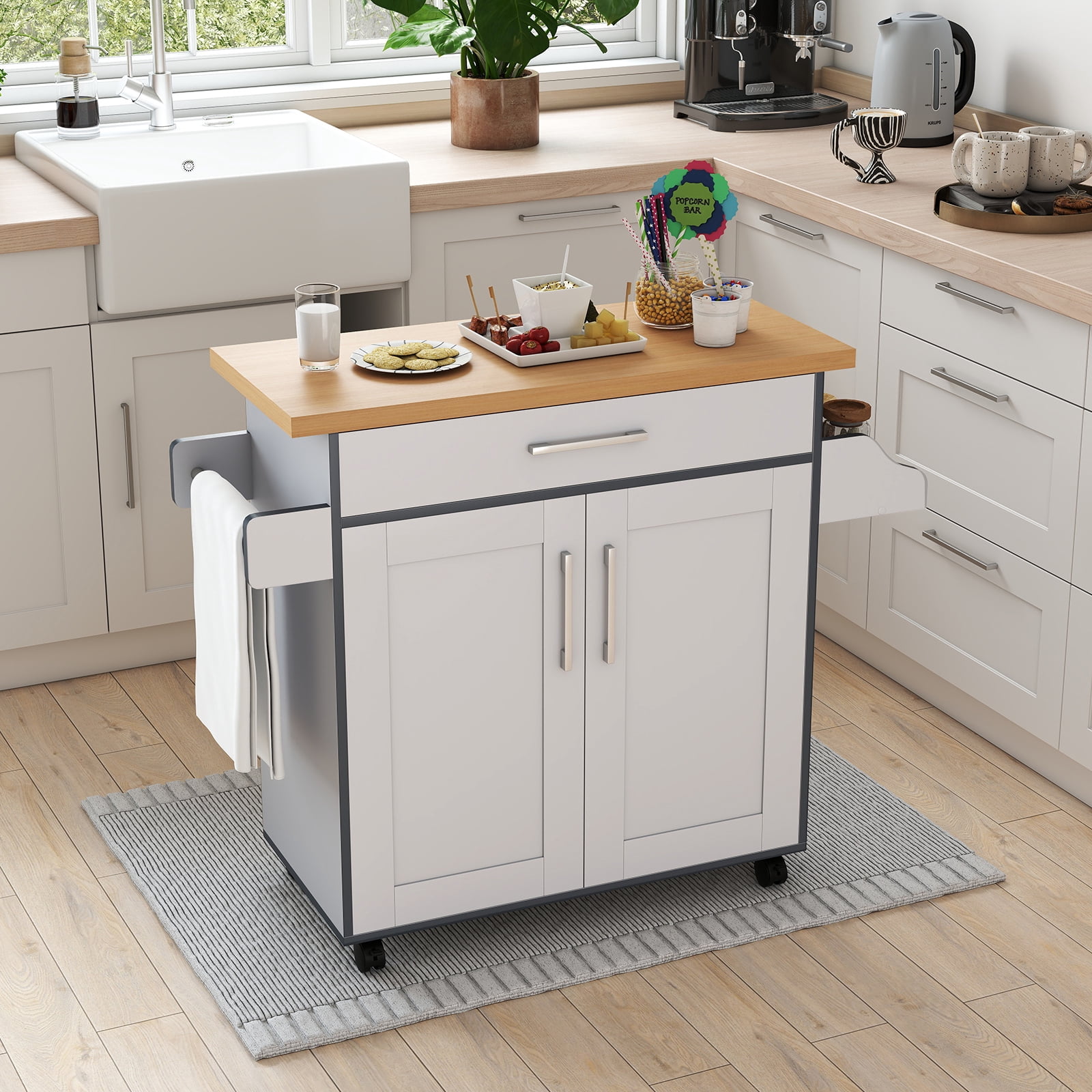 Giantex Kitchen Island Cart with Storage Cabinet on Wheels, Spice Rack Towel Rack & Drawer, Gray