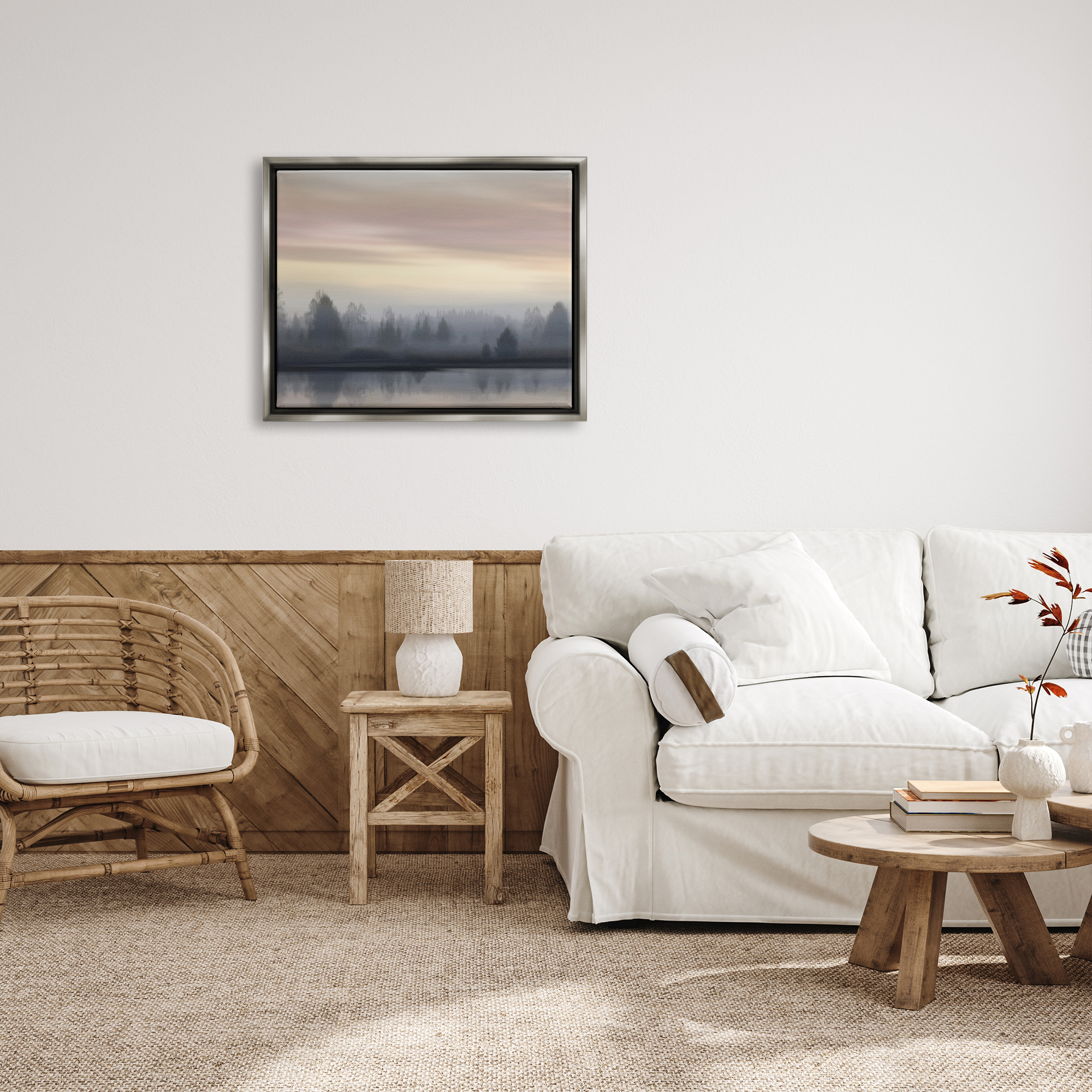Stupell Industries Foggy Pond Reflection Nature Photography Gray Floater Framed Art Print Wall Art, 31 x 25