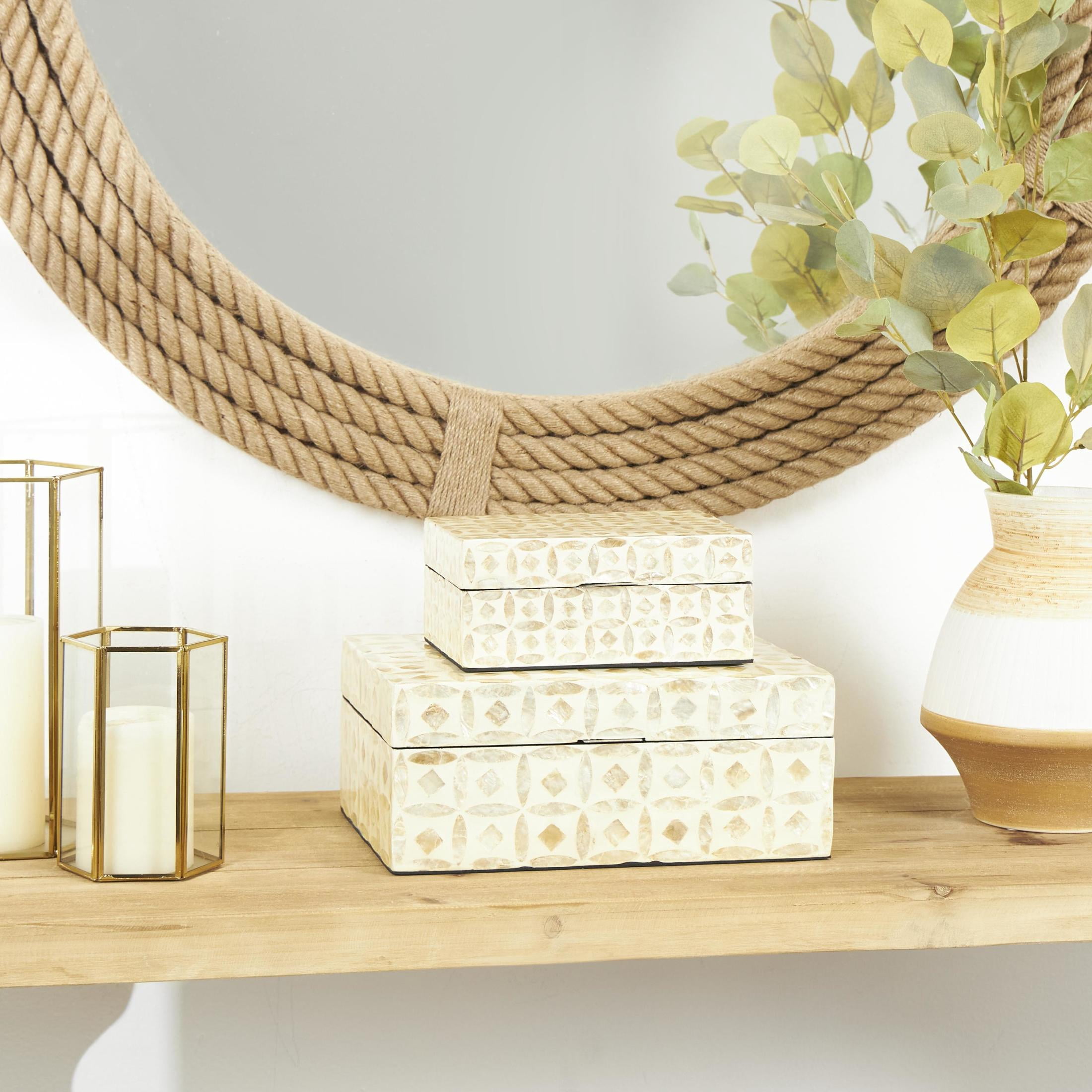 DecMode Moroccan Mosaic Storage Beige Mother of Pearl Shell Decorative Box with Taupe Accents, 2 Count