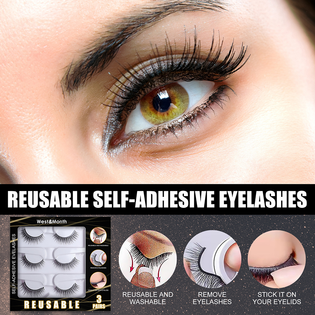 3 Pair Self Adhesive Eyelashes No Eyeliner or Glue Needed Reusable Natural False Eyelashes Gift for Women Natural Look