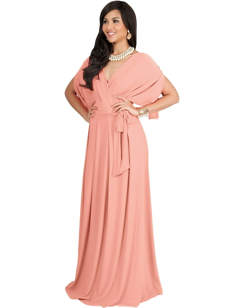 KOH KOH Light Pink Peach Maxi Dress, Bridesmaid Formal Wedding Gown, V-Neck  Flowy Evening Dress - Walmart.com