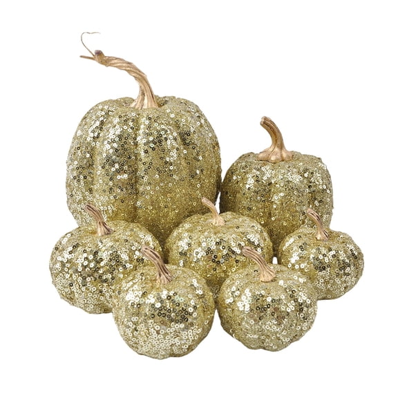 7 Pcs Gold Sequined Halloween Pumpkin Decorations Fall Decor Pumpkins Gold Table Decor for Halloween Party Thanksgiving and Autumn Home Display