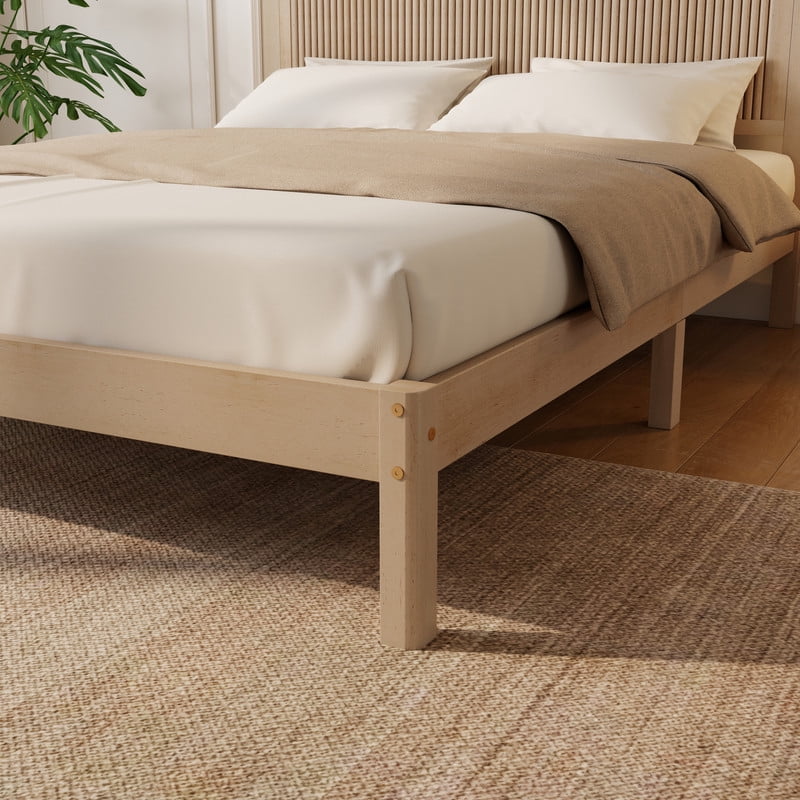 Queen Size Wood Bed Frame with Wave-Fluted Headboard, Low-Profile Platform Bed with Central Support Legs and Under-Bed Space