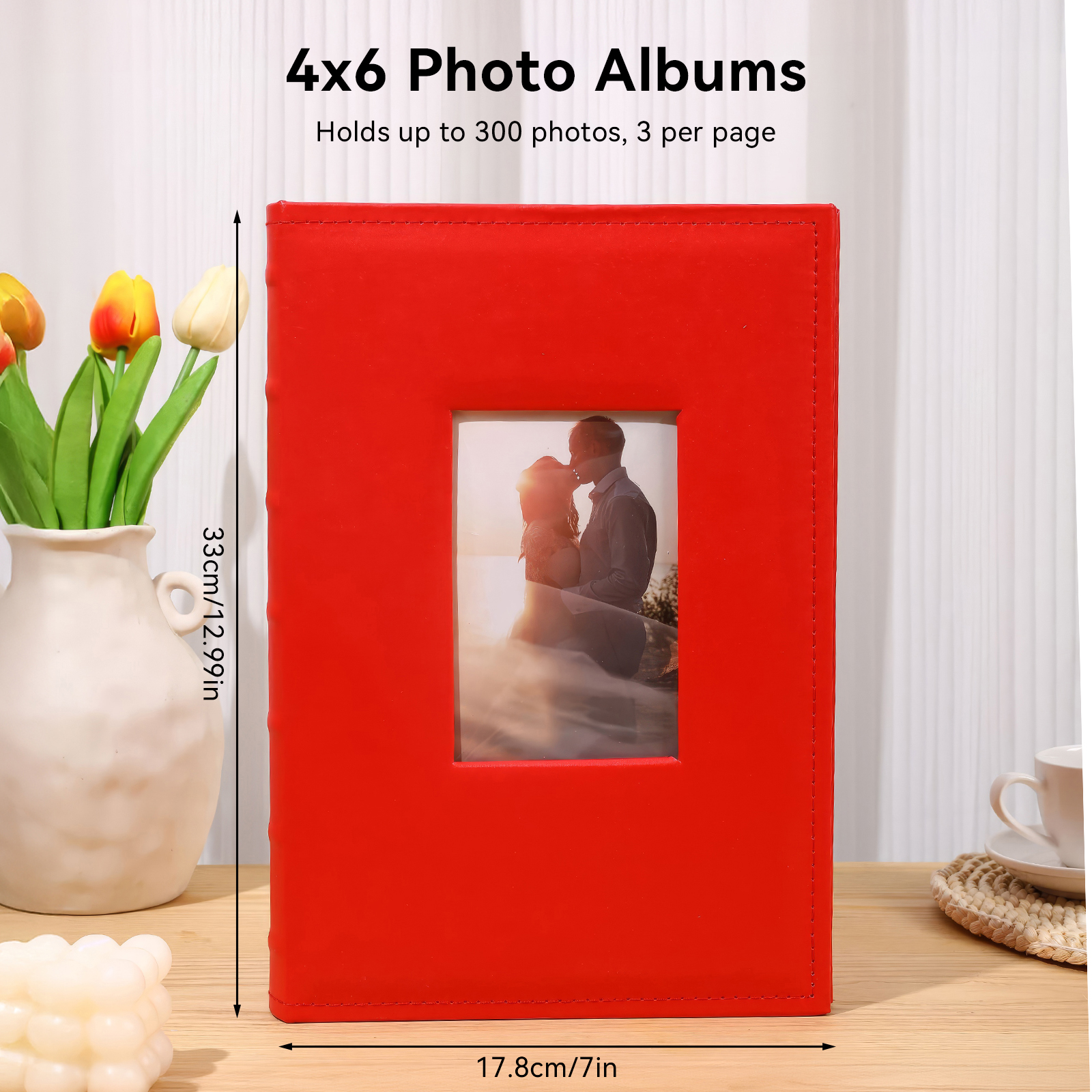 4x6 Photo Album Holds 300 Pictures, Leather Cover with Front Window, Large Capacity Slip-in Picture Albums with Horizontal Pockets for Wedding Kids Travel Anniversary Family Baby Photo Books, Red