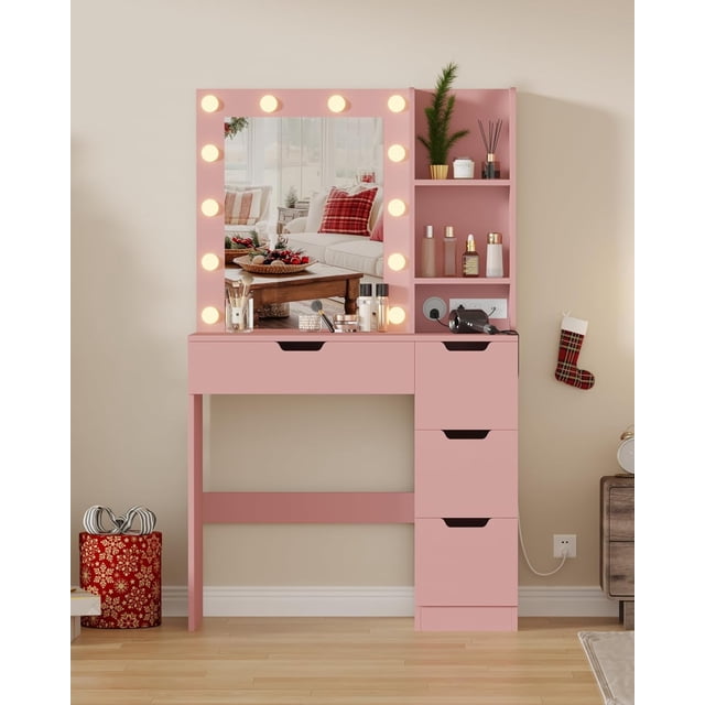 EastVita Vanity Desk with Mirror and Lights - Makeup Vanity Desk with 4 Drawers Built-in Power Outlet and USB Adjustable LED Lighting Makeup Table for Bedroom (Pink)