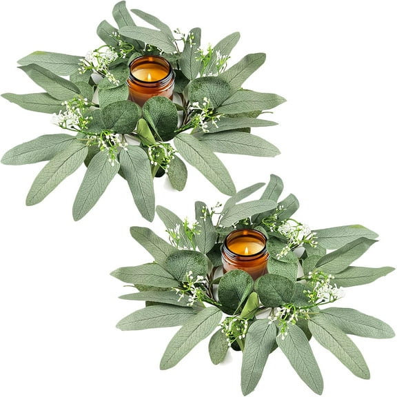 2Pcs Candle Rings, Artificial Eucalyptus Leaves Candle Wreaths for Pillar, Greenery Willow Leaves Gypsophila Candle Wreath for Wedding Centerpieces Home Party Table Decor
