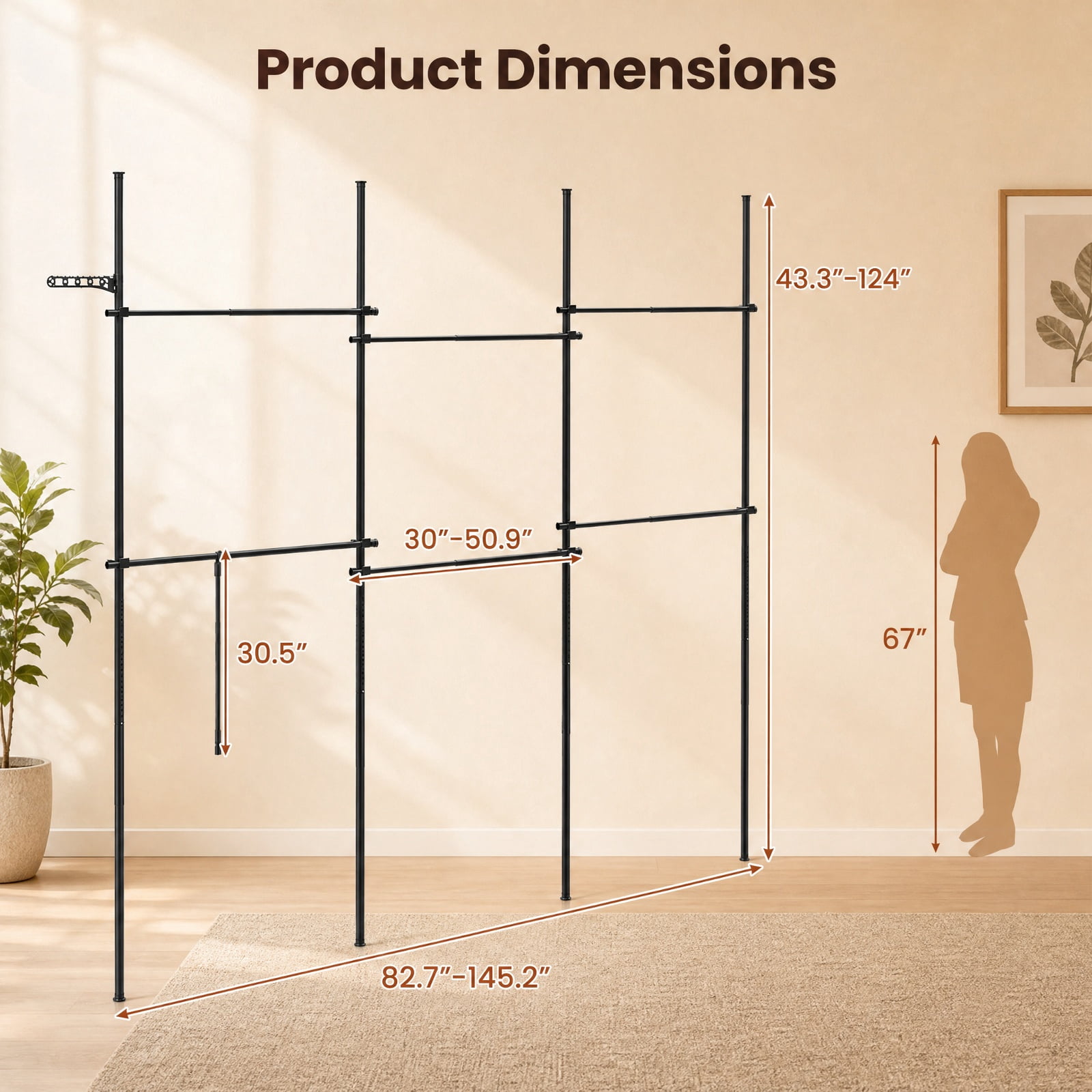 Furnibear Adjustable Floor to Ceiling Clothes Rack with 6 Hanging Rods Telescoping Heavy Duty Garment Organizer for Closet Boutique, Black