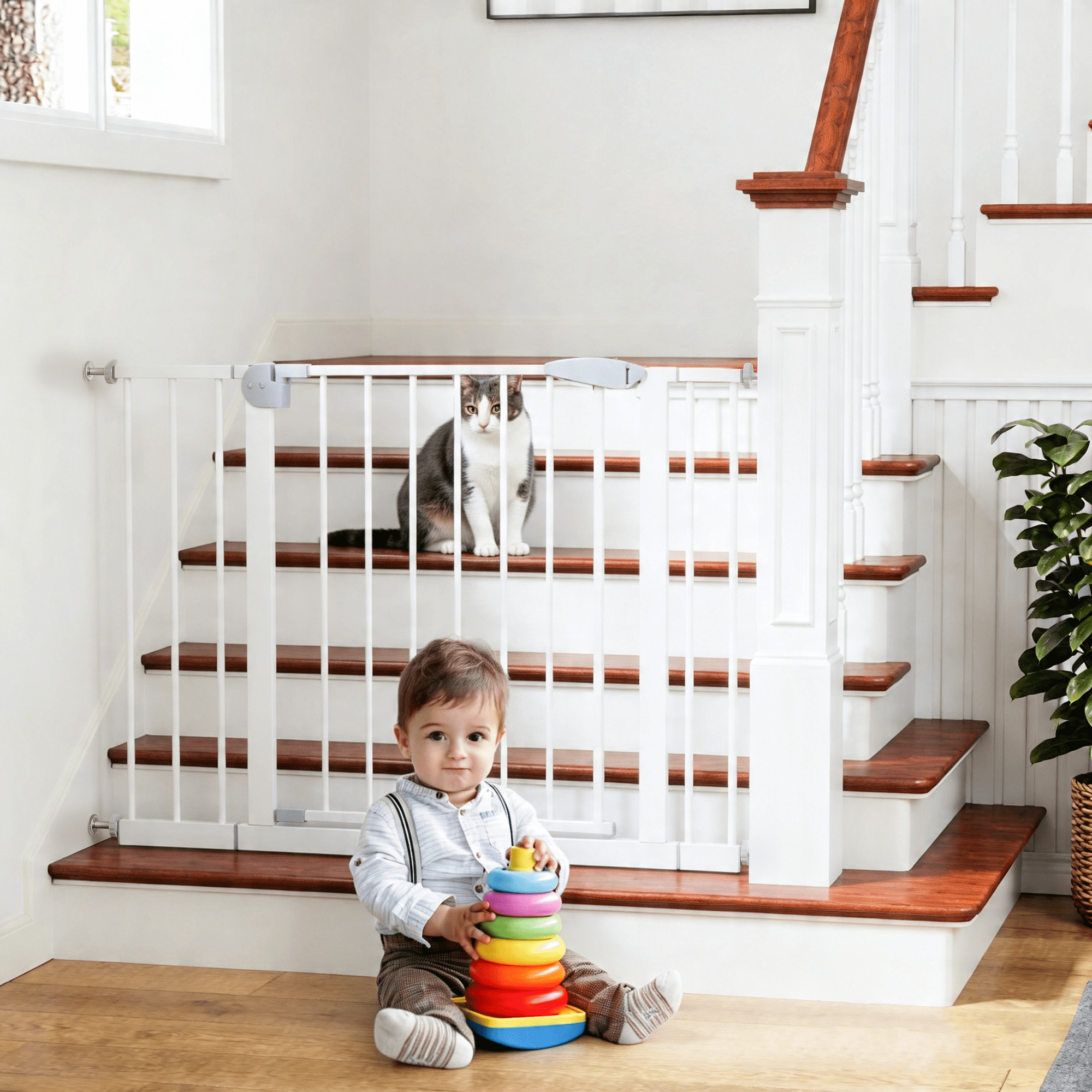30-44" Wide Baby Gate for Stairs, Dog Gate Indoor for Doorways, No Drilling Pressure Mounted Pet Gates for Kids, Easy Walk Through Safety Gate, White