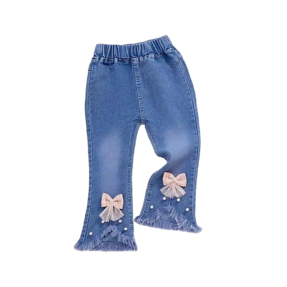 Tranfacy Denim Jeans Little Girls Flare Elastic Trousers with Patch Ornament for 6‑72 Months