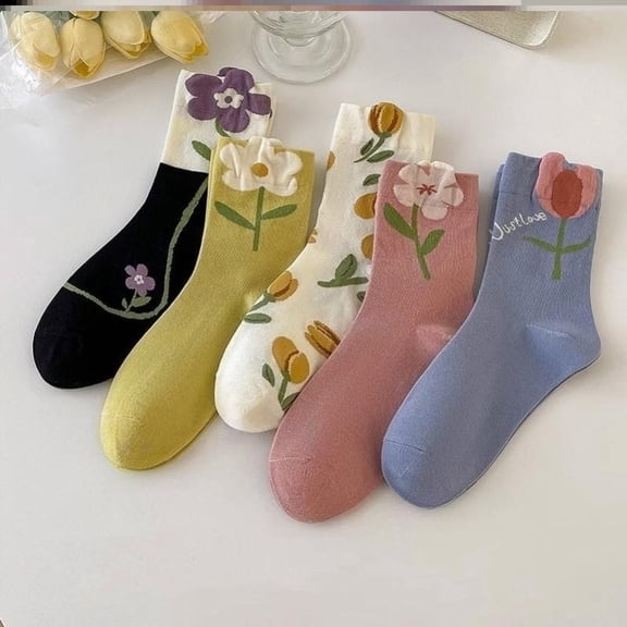 Women's Cotton Crew Socks | Plain Color, Regular Fit, Soft Casual Socks for Trouser, 5 Pairs, Pink/Blue, Shoe Size: 5-9