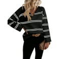 thumbnail image 2 of Women'S Casual Striped Long Sleeve V Neck Lightweights Pullover Sweater Loose Fit Drop Shoulder Knitted Tops Black L, 2 of 9