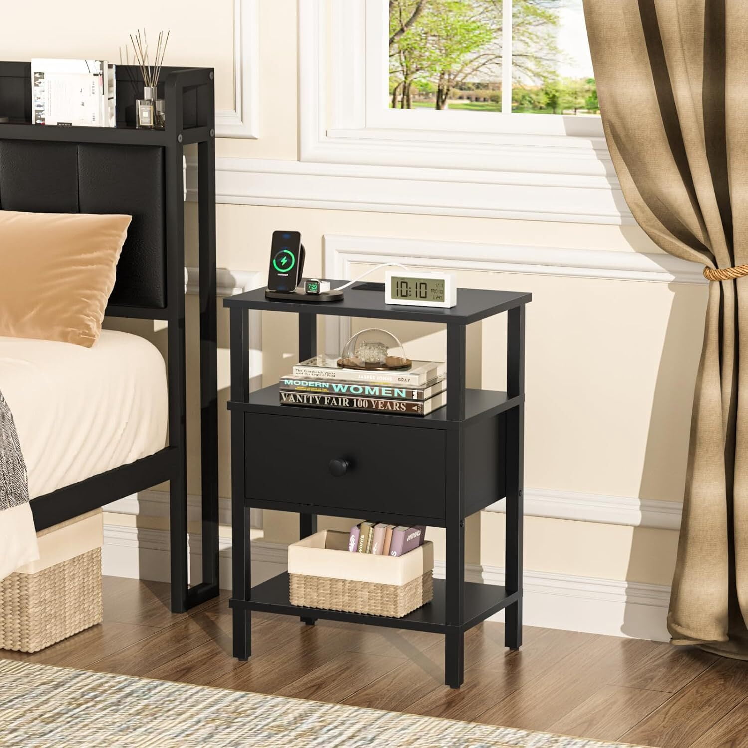 LEYAOYAO 3-Tier Narrow End Table with Charging Station, Wood Side Table for Living Room, Black
