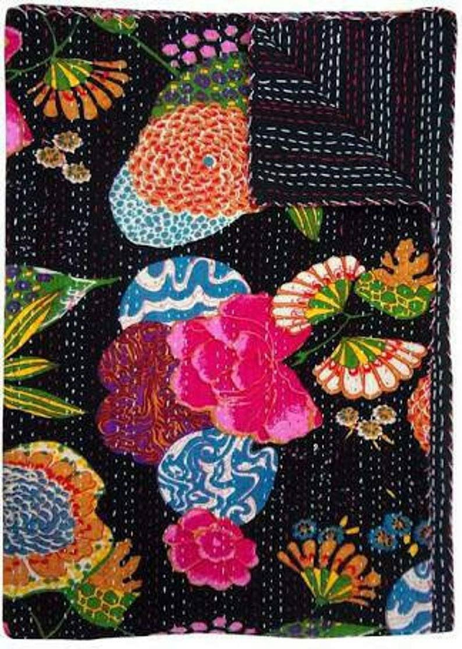 Indian Handmade Floral Print Kantha Quilt, Bedspread , Blanket Size ( Single 60" x 90" )
