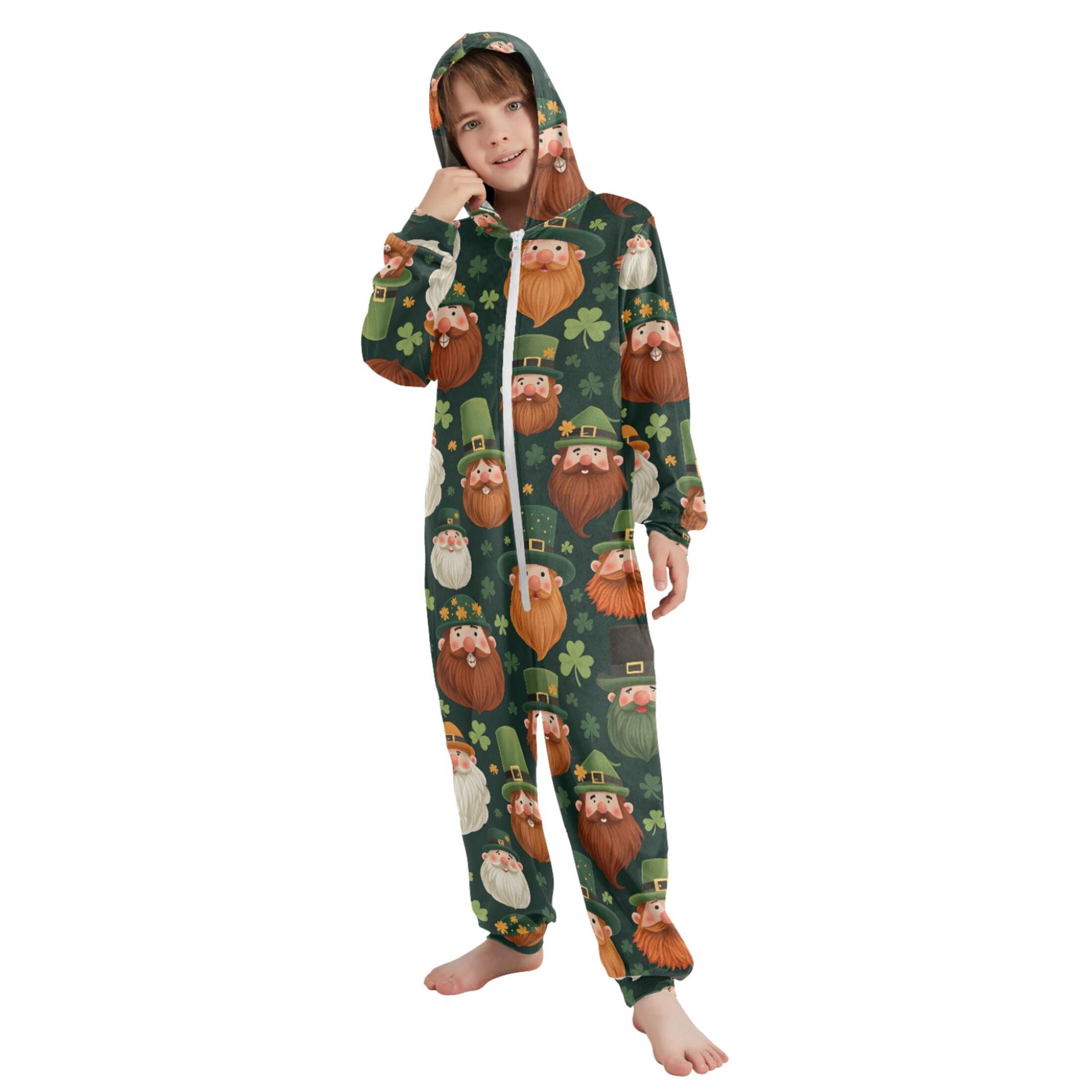 Beard Green Elf Pattern One Piece Pajamas Soft Jumpsuit Cozy Sleep and Play Romper Zipper and Pockets 13Y-14Y