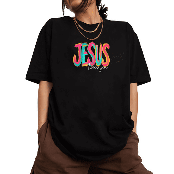 Black Jesus Loves You Neon Brush Stroke T-Shirt Christian Faith Religious Belief Inspirational Message Casual Wear Tops S-5XL