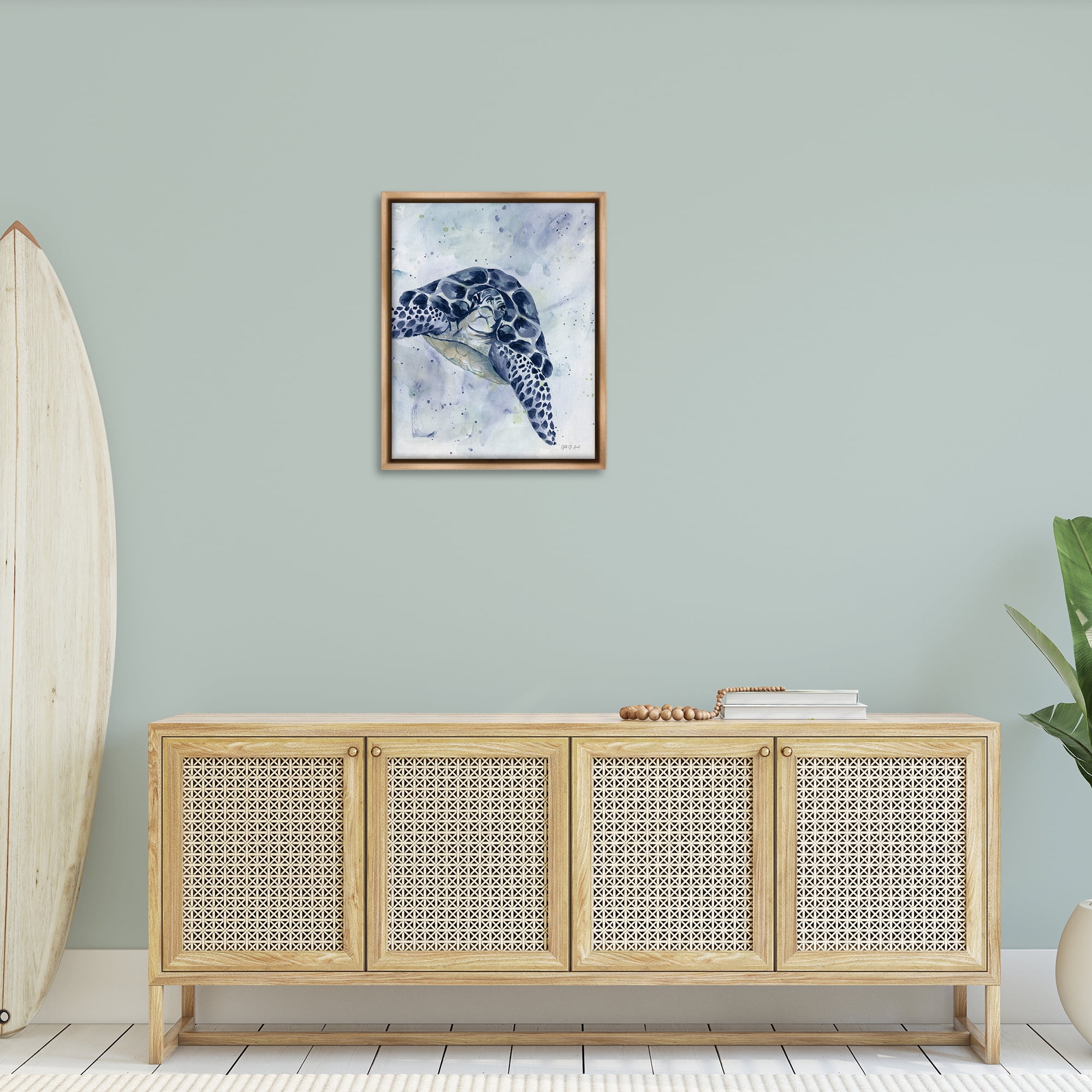 Stupell Industries Swimming Blue Turtle Animals & Insects Painting Brown Floater Framed Canvas Art Print Wall Art, 25 x 31