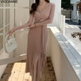 thumbnail image 2 of Vigonne 2025 Printemps Automne Robe Croisée Slim Femme Manches Longues Sexy Coréenne Décontractée Robe Longue Serrée Tricotée, 2 of 4