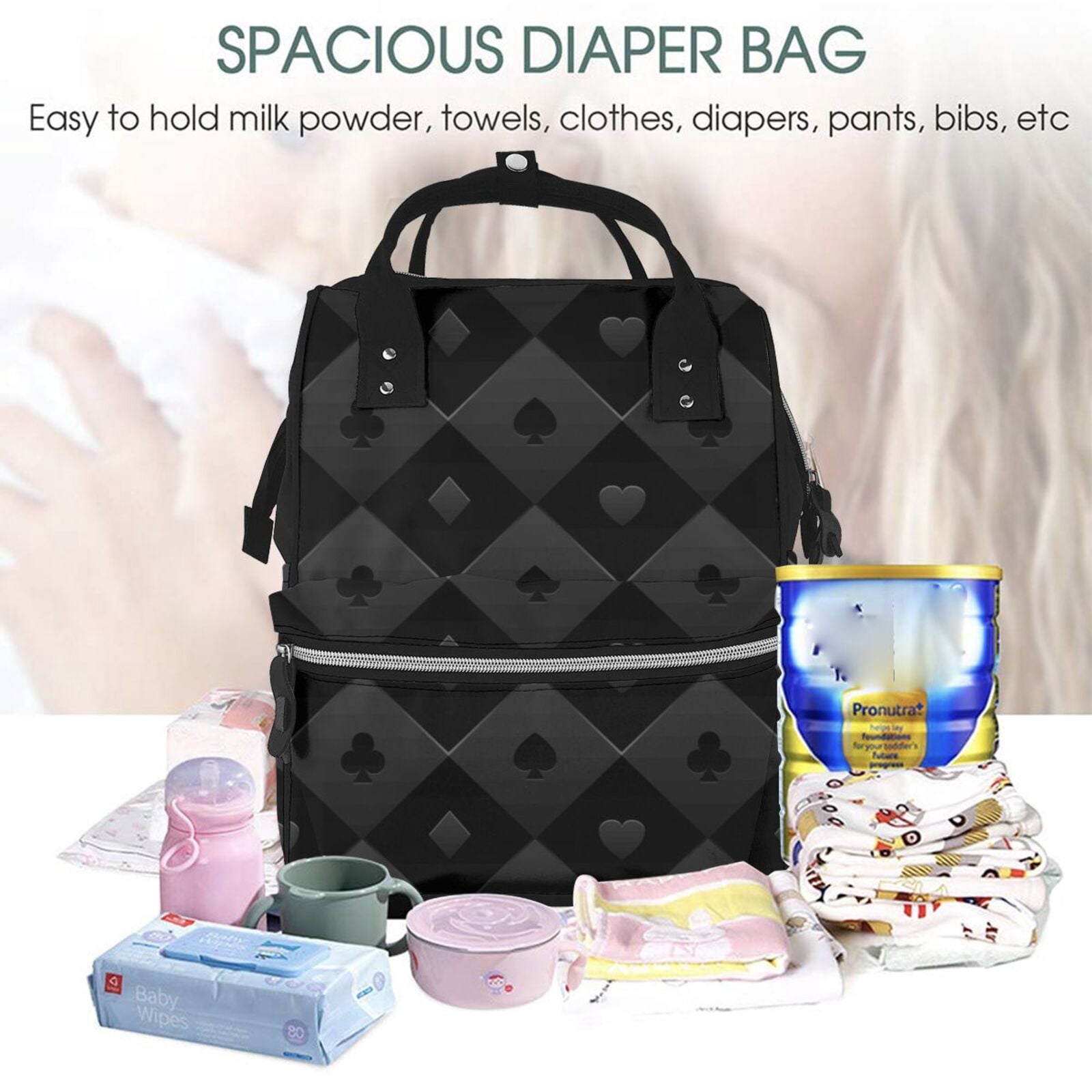 Ratiio Black Poker Mummy Backpack - Waterproof Twill Canvas, Large Capacity Diaper Bag with Multiple Pockets and Adjustable Straps