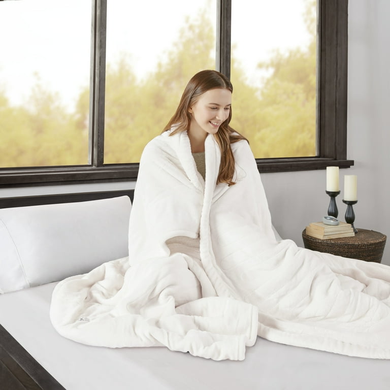 Beautyrest Heated Microlight to Berber Solid Blanket Full Ivory