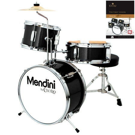 Mendini by Cecilio 13 Inch 3-Piece Kids / Junior Drum Set with Adjustable Throne, Cymbal, Pedal, Drumsticks & Lesson Book, Metallic Black, MJDS-1-BK