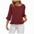 thumbnail image 5 of Towmus Womens 3/4 Sleeve Tops Knit Cotton Ladies Blouses Crew Neck T Shirts for Women Loose Fit Ruffle Sleeve Tunic Tops, L, Wine, 5 of 8