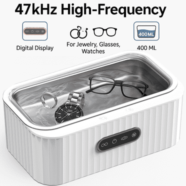 JUUTREN Ultrasonic Jewelry Cleaner, 400ML Sonic Silver Jewelry Cleaner Machine for Ring Glasses Watch Denture Retainer Coin Eyeglasses–47kHz&4 Timer Modes, Digital Display, Portable Cleaning Machine