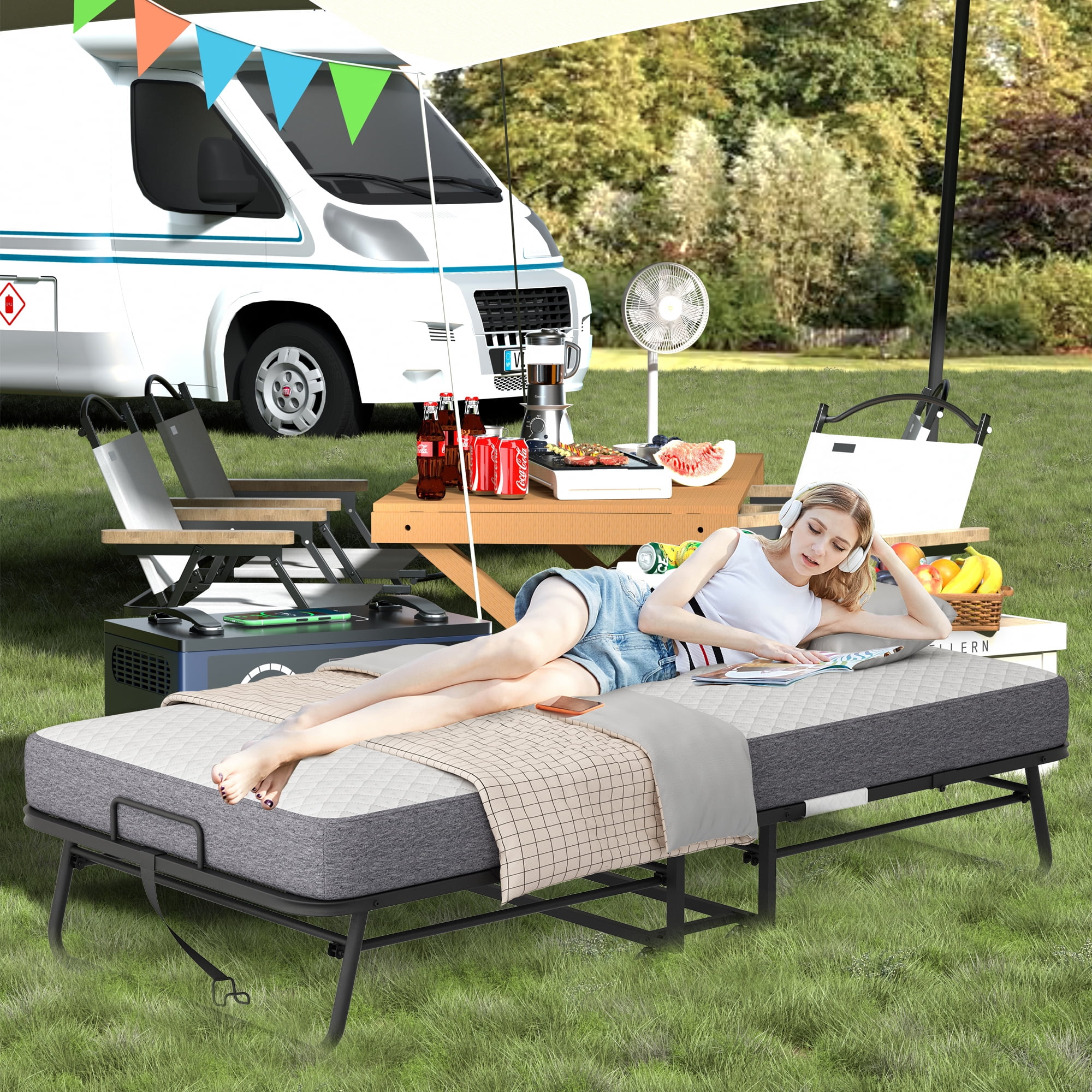 Folding Bed with 5 Inch Foam Mattress, Cot 75" x 31" Rollaway Bed for Guests, Portable Bed with Lockable Wheels, Easy Assembly & Moving