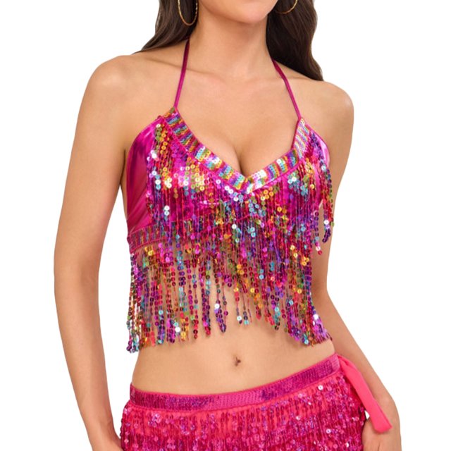 Blusa de poliéster con borlas y lentejuelas para danza del vientre, estilo indio, informal, para mujer