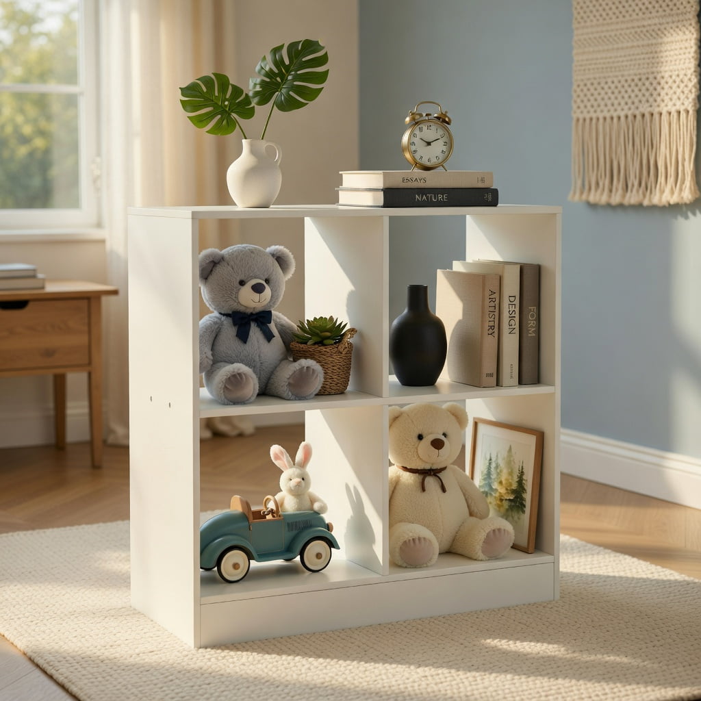 Spaco 4-Cube Kids Bookcase with Open Shelves-White, Toy Organizer for Kids, Boys, Girls, Nursery