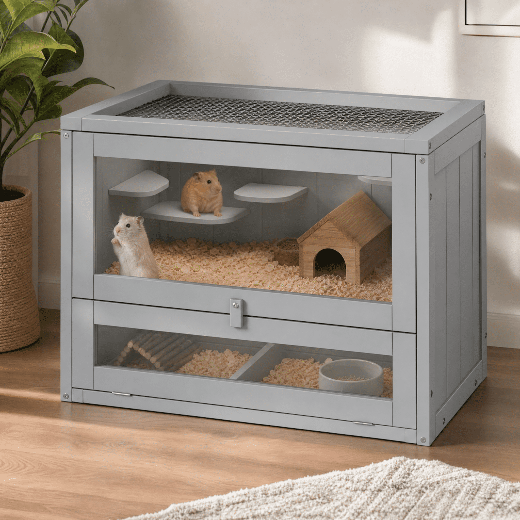 2-Level Hamster Cage Mice and Rat House, Small Animal Habitat for Guinea Pigs, Chinchillas with Openable Top, Front Door, Shelf and Ladder, Gray