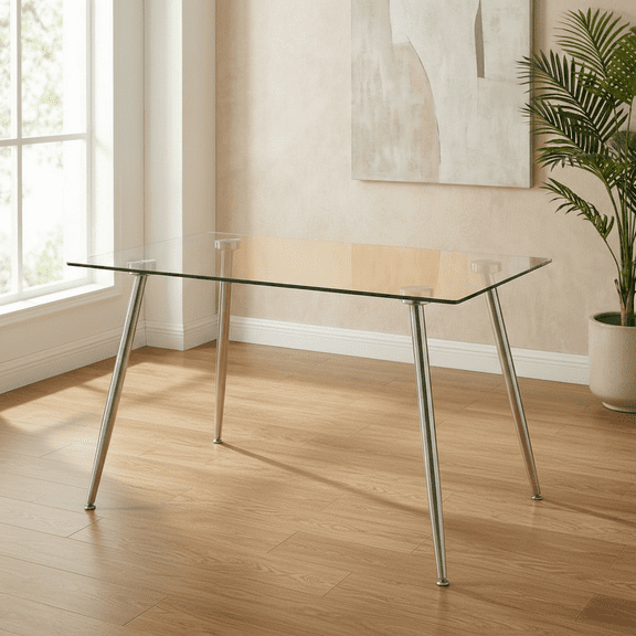 CasaGlajore 51" Modern Glass Dining Table with 8mm Tempered Glass Top, Black or Silver Metal Legs, Multi-Use Desk for Kitchen, Office, or Living Room