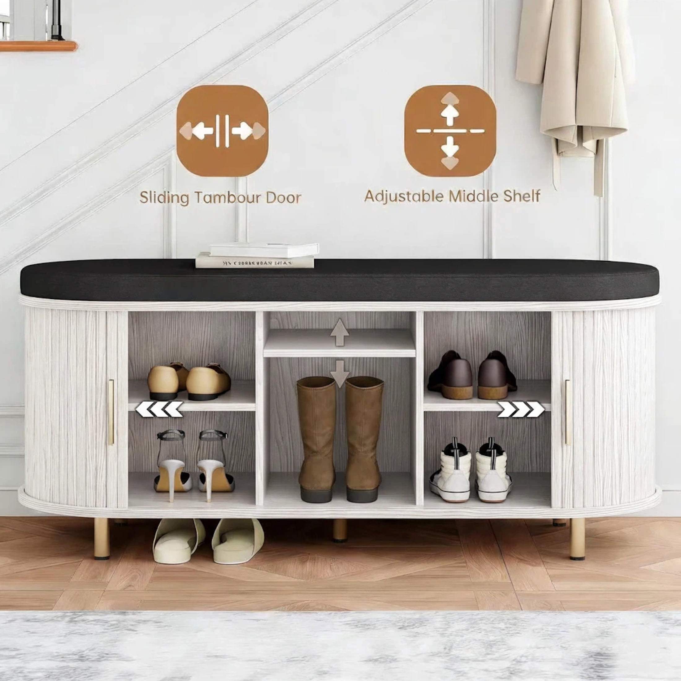 Aisword 2-Tier Shoe Bench Storage with Sliding Door, Padded Cushion, Adjustable Shelf, White