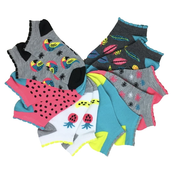 Bebe Girls No Show Socks - Girls - 6 Pack Assorted Colors, Shoe Size 10-4, (Group L: Parrots, Pineapples and More: Vibrant Colors)