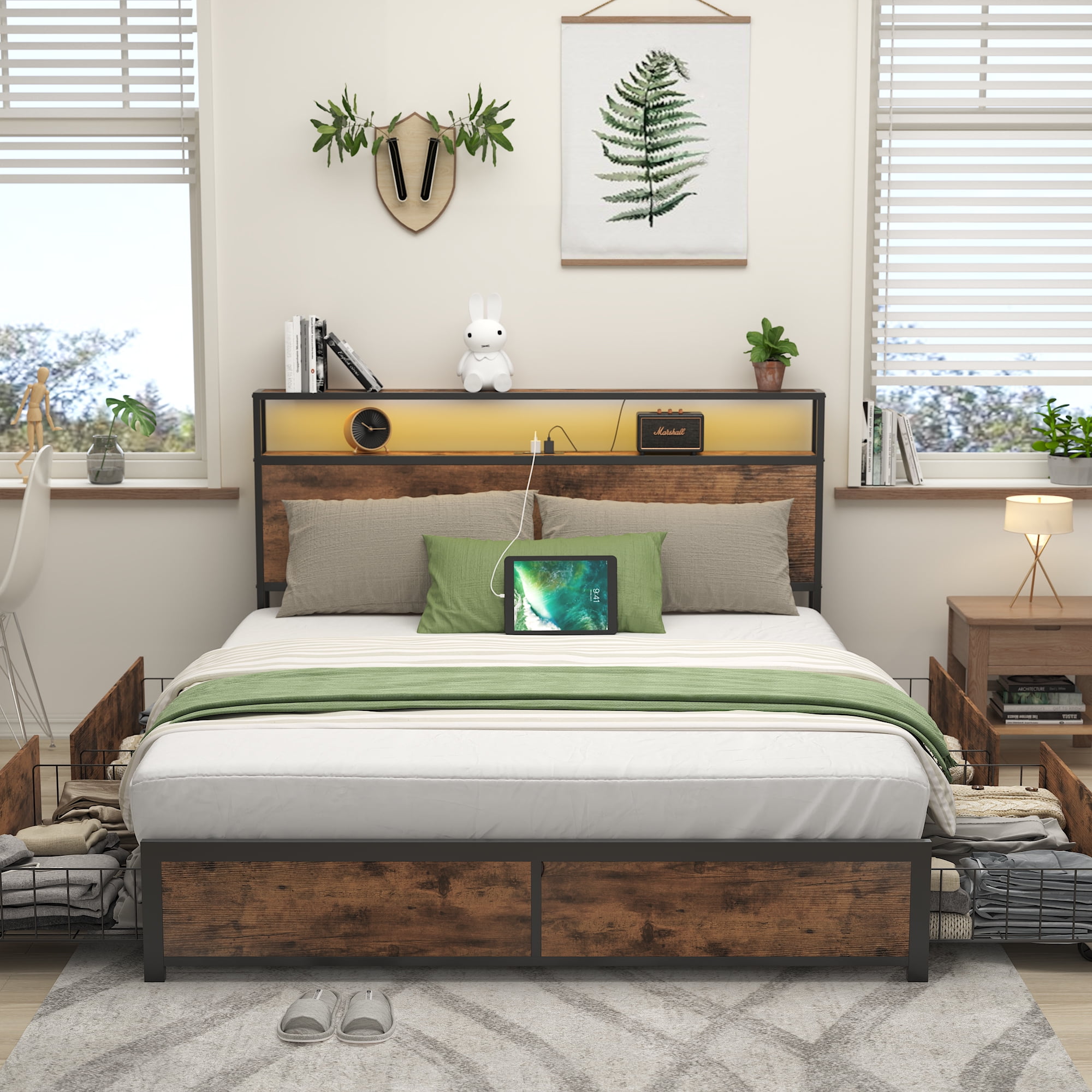 Lifezone Full Bed Frame with Headboard Charging Station Storage Drawer,Metal Support,Vintage Brown