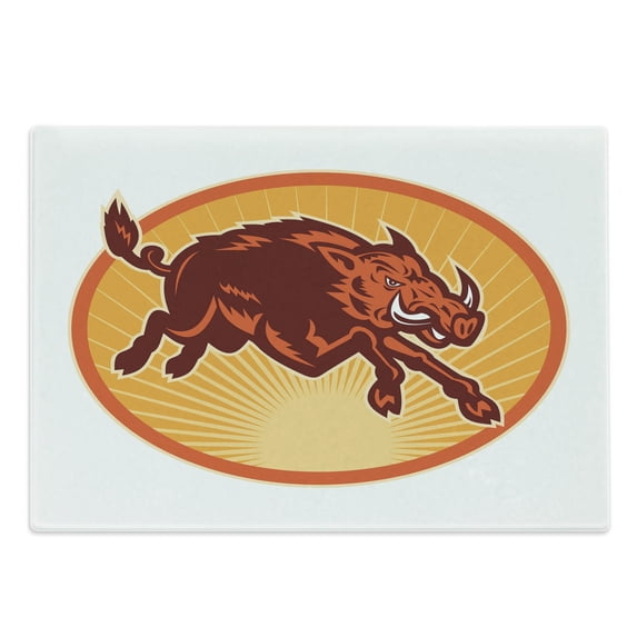 Razorback Cutting Board, Retro Emblem Design of Attacking Wild Boar in Oval Frame, Decorative Tempered Glass Cutting and Serving Board, in 3 Sizes, by Ambesonne