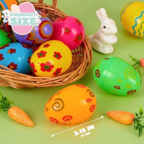 Toy 72 PCs Plastic Printed Bright Easter Eggs, Over 3.15'' Tall Fillable Empty Eggs Bulks for Easter Hunt, Basket Stuffers Fillers, Classroom Prize Supplies, Filling Treats and Party Favor
