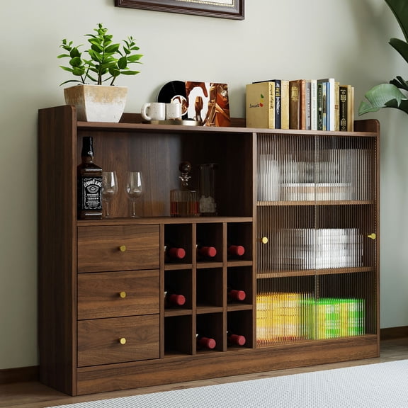 CQSXDA Modern Sideboard Featuring 2 Sliding Striped Glass Doors, Freestanding Bottle and Wine Storage Storage Cabinet