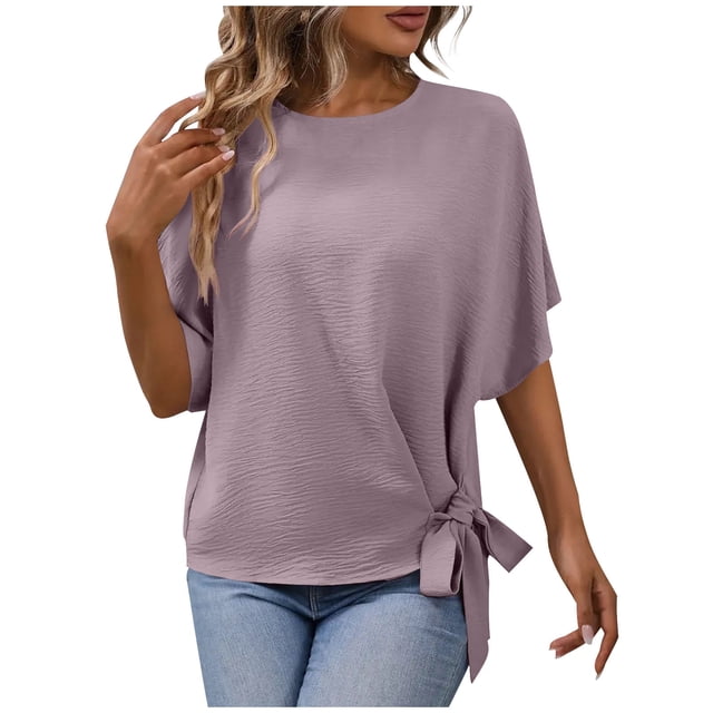 T-shirts pour Femmes Manches Courtes avec Nœud Latéral Blouse Décontractée Coupe Ample Col Rond Tunique Hauts Été Bureau