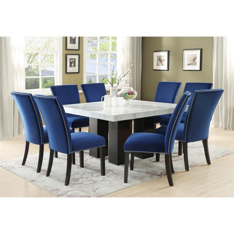 Camila Marble Top Square 9 Piece Dining, Blue Velvet Dining Room Table Chairs