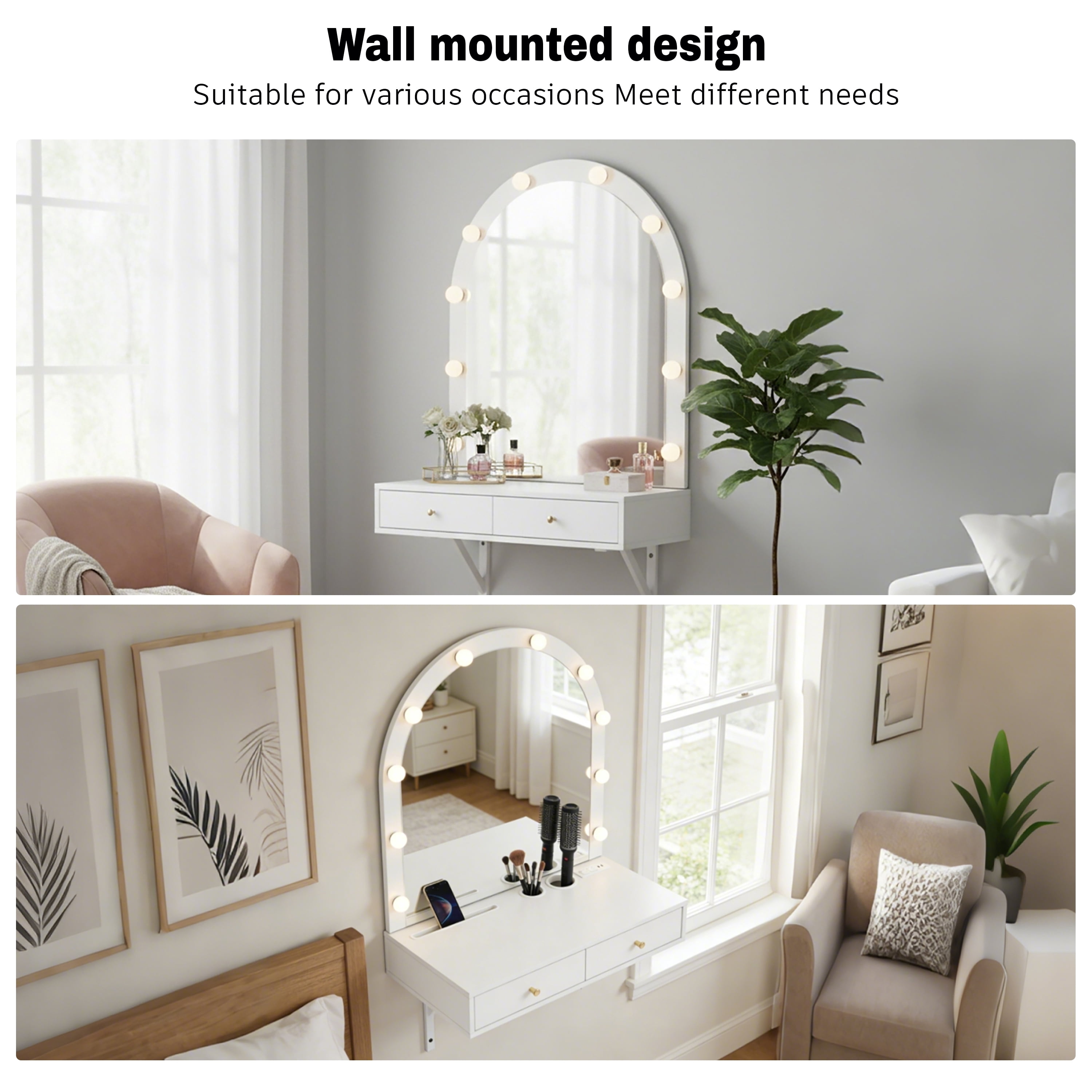 GARITIN Floating Makeup Vanity Desk 31.5 Inch, Wall Mounted Dressing Table with LED Mirror and Power Outlet for Bedroom Bathroom, White
