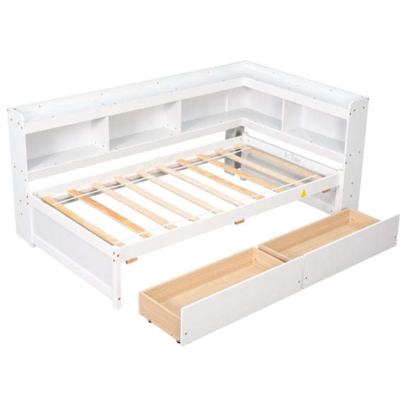 Paproos Twin Bed with Drawers, Modern Wood Platform Bed with L-shaped Bookcases, No Box Spring Needed, Space Saving Twin Size Storage Daybed Captain Bed Frame for Apartment Bedroom, White