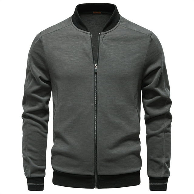 Men's Spring Fall Lightweight Polyester Bomber Jacket - Zip Up Varsity Windbreaker with Stand Collar & Ribbed Cuffs/Hem (Multi-Occasion Outdoor/Casual)