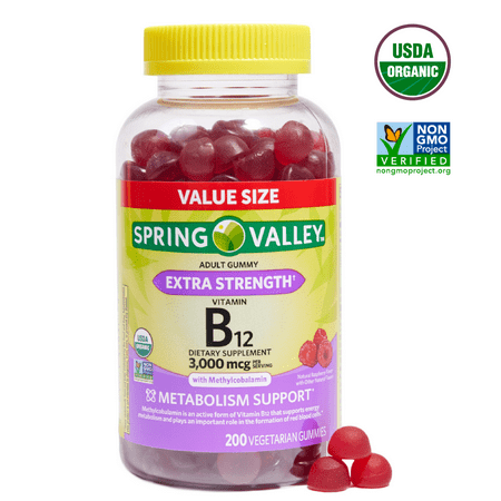 Spring Valley Extra Strength Vitamin B12 Supplement Vegetarian Gummies for Metabolism Support, Raspberry Flavor, 3000 mcg, 200 Count