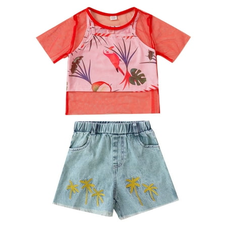 

Suanret 3Pcs Toddlers Kid Girls Summer Outfits Infants See-through Solid Color Mesh T-shirt Bird Leaf Print Crop Tops Coconut Tree Pattern Jeans Red 1-2 Years